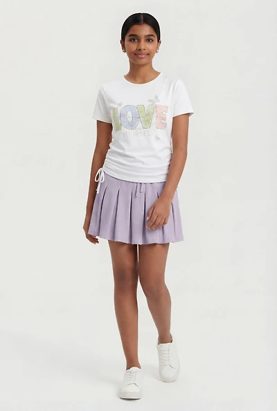 Girls Rhinestone Love Yourself Graphic Tee and Pleated Skort