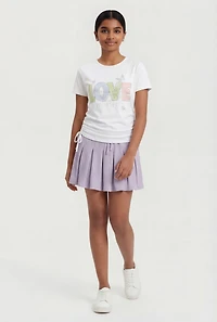Girls Rhinestone Love Yourself Graphic Tee and Pleated Skort