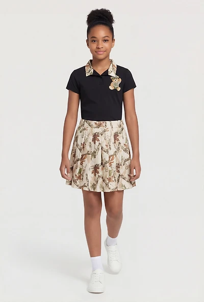 Girls Hunter Camo Bear Graphic Polo Tee and Pleated Skirt