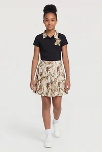 Girls Hunter Camo Bear Graphic Polo Tee and Pleated Skirt