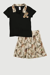 Girls Hunter Camo Bear Graphic Polo Tee and Pleated Skirt