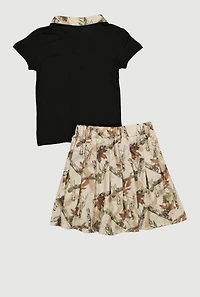 Girls Hunter Camo Bear Graphic Polo Tee and Pleated Skirt