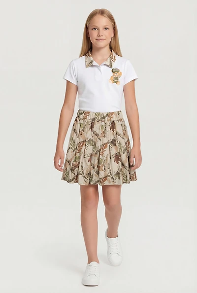 Girls Hunter Camo Bear Graphic Polo Tee and Pleated Skirt