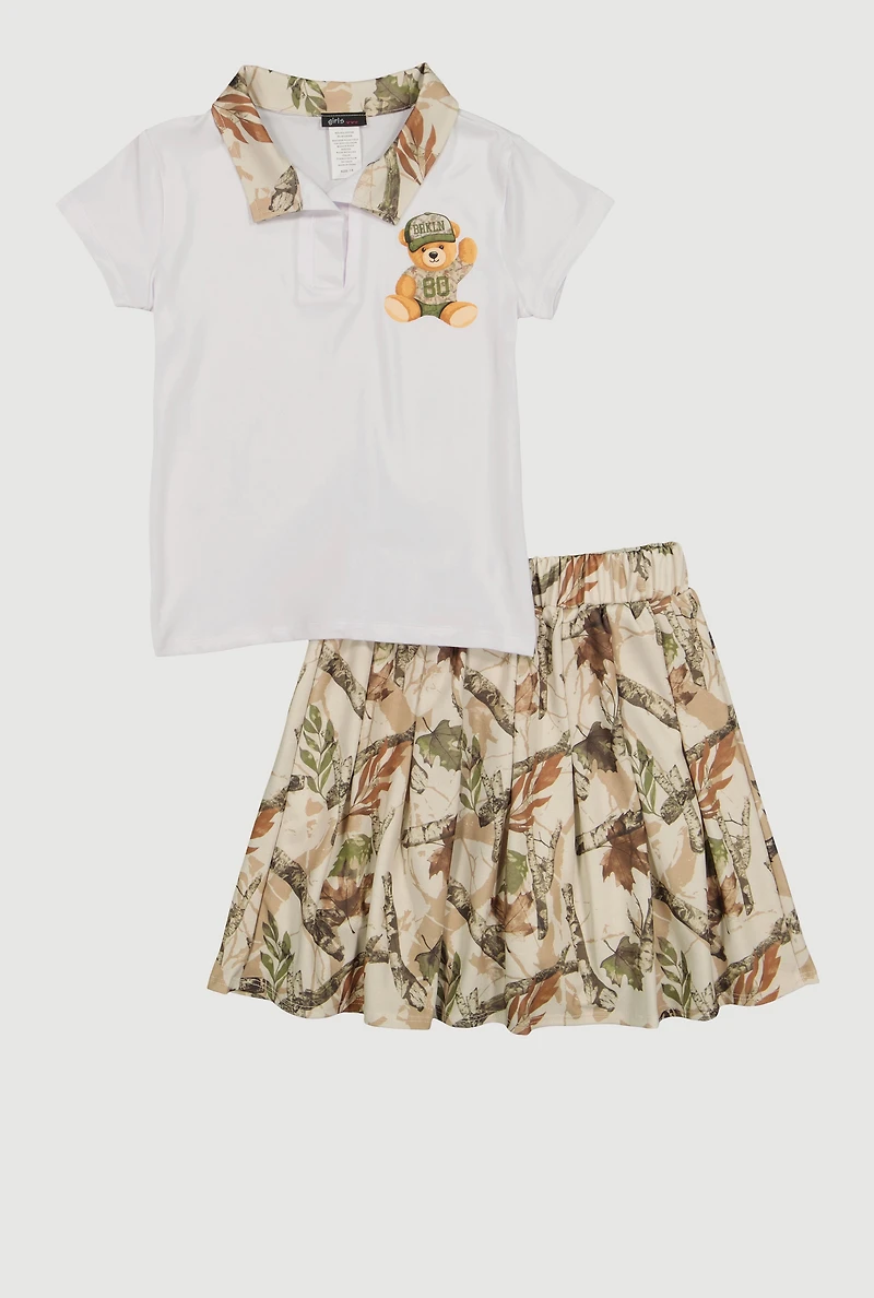 Girls Hunter Camo Bear Graphic Polo Tee and Pleated Skirt