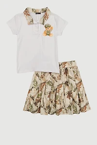Girls Hunter Camo Bear Graphic Polo Tee and Pleated Skirt