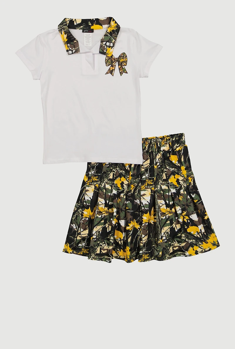 Girls Hunter Camo Bow Graphic Tee and Pleated Skirt