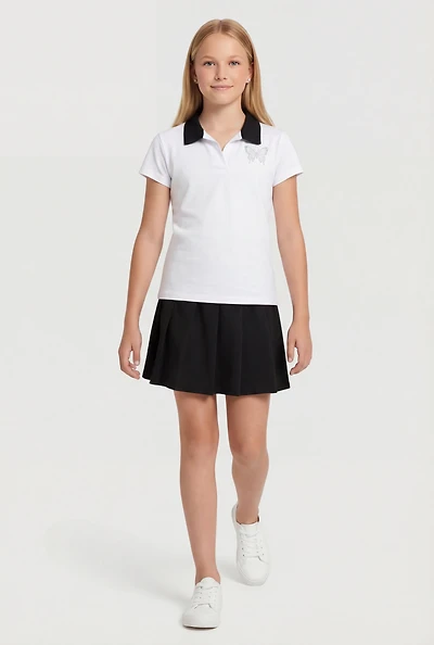 Girls Pearl Rhinestone Butterfly Graphic Polo and Pleated Skort
