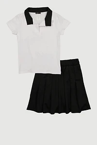 Girls Pearl Rhinestone Butterfly Graphic Polo and Pleated Skort