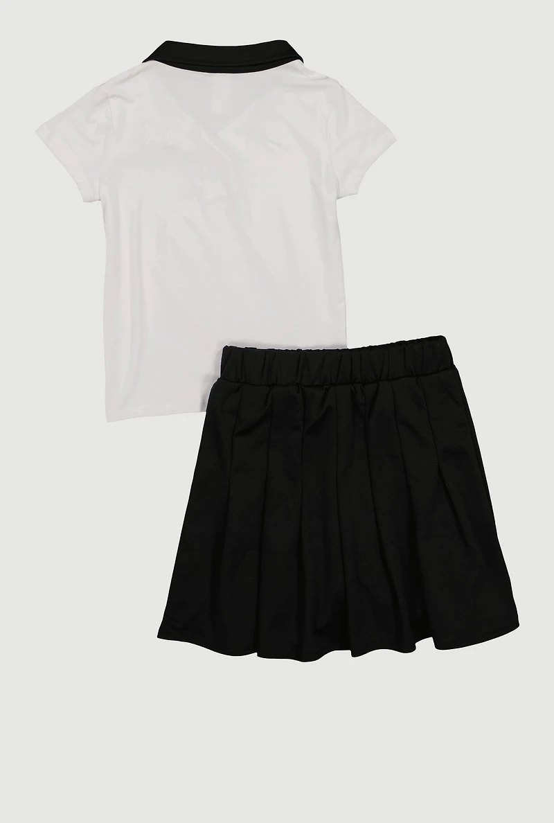 Girls Pearl Rhinestone Butterfly Graphic Polo and Pleated Skort