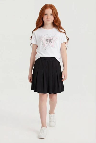Girls Rhinestone Butterfly Graphic Tee and Pleated Skirt