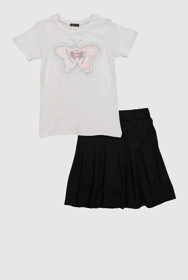Girls Rhinestone Butterfly Graphic Tee and Pleated Skirt