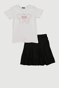 Girls Rhinestone Butterfly Graphic Tee and Pleated Skirt