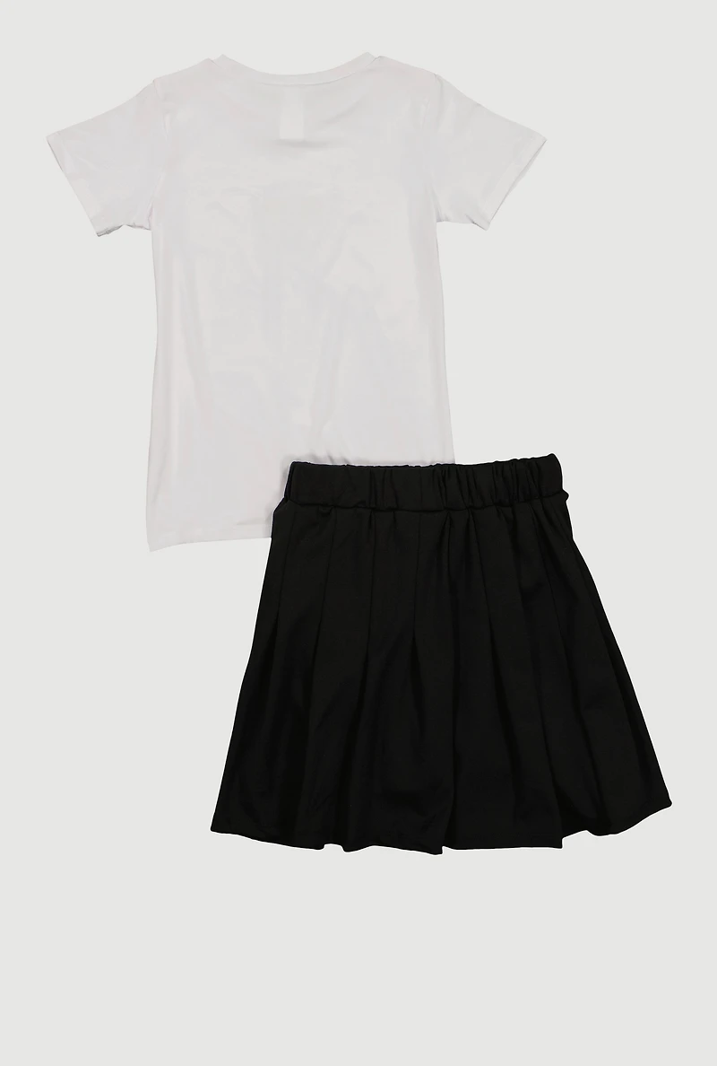 Girls Rhinestone Butterfly Graphic Tee and Pleated Skirt