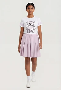 Girls Checkered Bear Patch Varsity Tee and Pleated Skirt