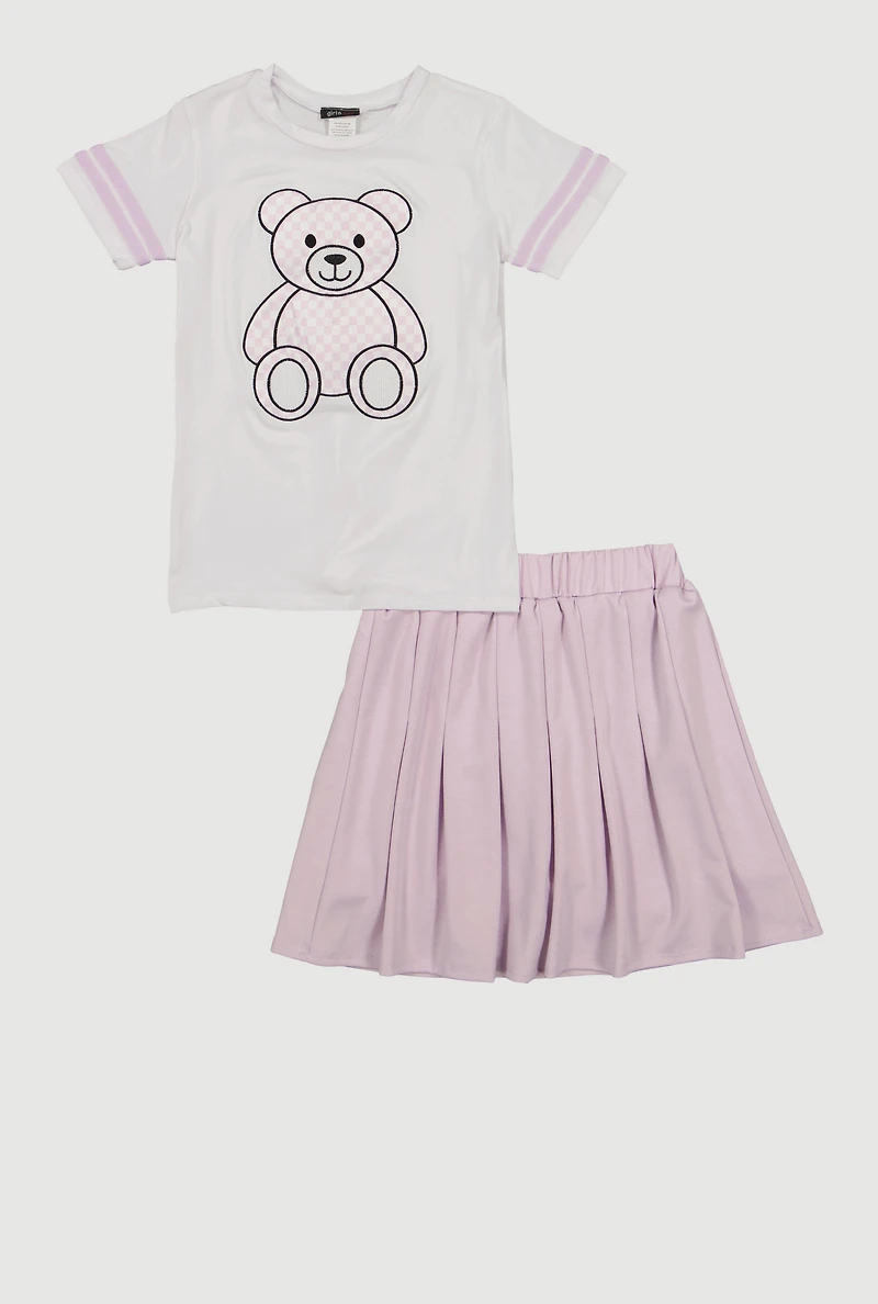 Girls Checkered Bear Patch Varsity Tee and Pleated Skirt