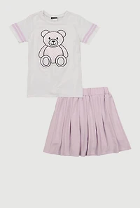 Girls Checkered Bear Patch Varsity Tee and Pleated Skirt