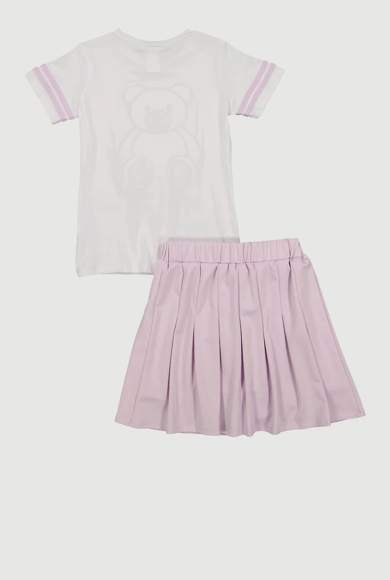 Girls Checkered Bear Patch Varsity Tee and Pleated Skirt
