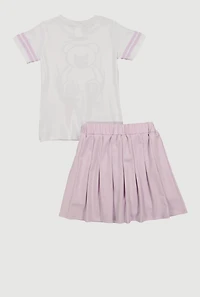 Girls Checkered Bear Patch Varsity Tee and Pleated Skirt