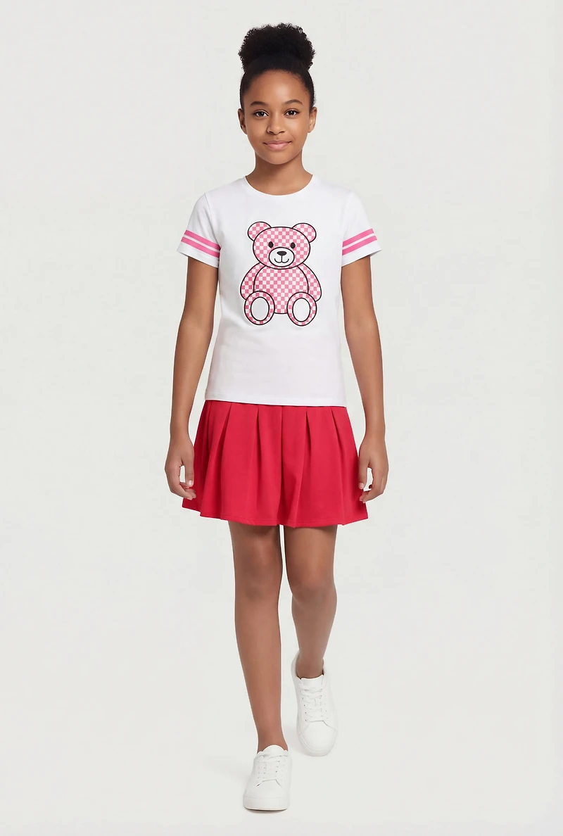 Girls Checkered Bear Patch Varsity Tee and Pleated Skirt