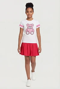 Girls Checkered Bear Patch Varsity Tee and Pleated Skirt