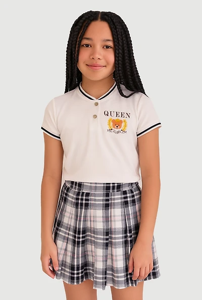 Girls Queen Of Everything Bear Polo Shirt and Plaid Skirt
