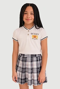 Girls Queen Of Everything Bear Polo Shirt and Plaid Skirt