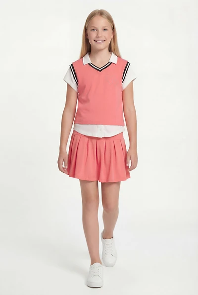 Girls Rhinestone Heart Graphic Polo Shirt and Skort