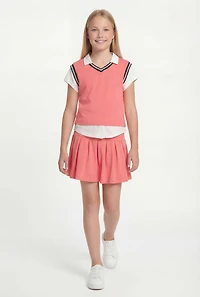 Girls Rhinestone Heart Graphic Polo Shirt and Skort