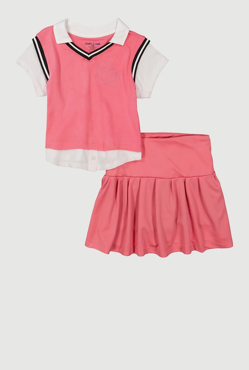 Girls Rhinestone Heart Graphic Polo Shirt and Skort, Pink,