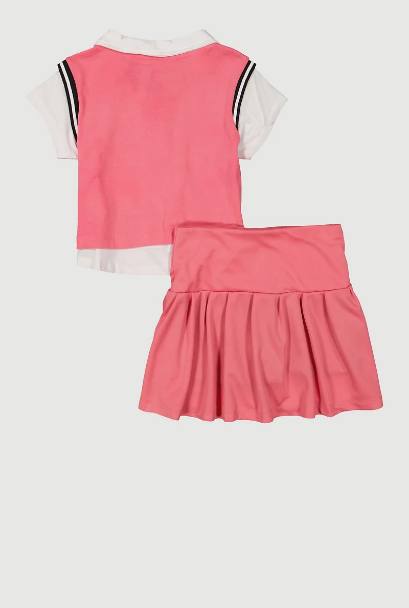 Girls Rhinestone Heart Graphic Polo Shirt and Skort, Pink,