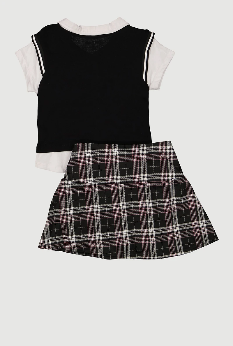 Girls New York Dreamer Layered Look Vest and Plaid Skirt
