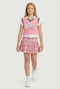 Girls Blessed Layered Look Vest and Plaid Skirt