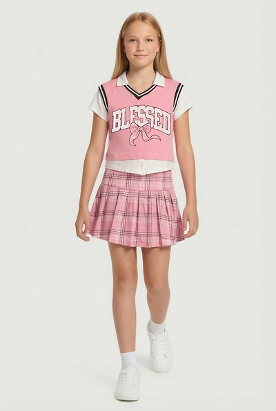 Girls Blessed Layered Look Vest and Plaid Skirt