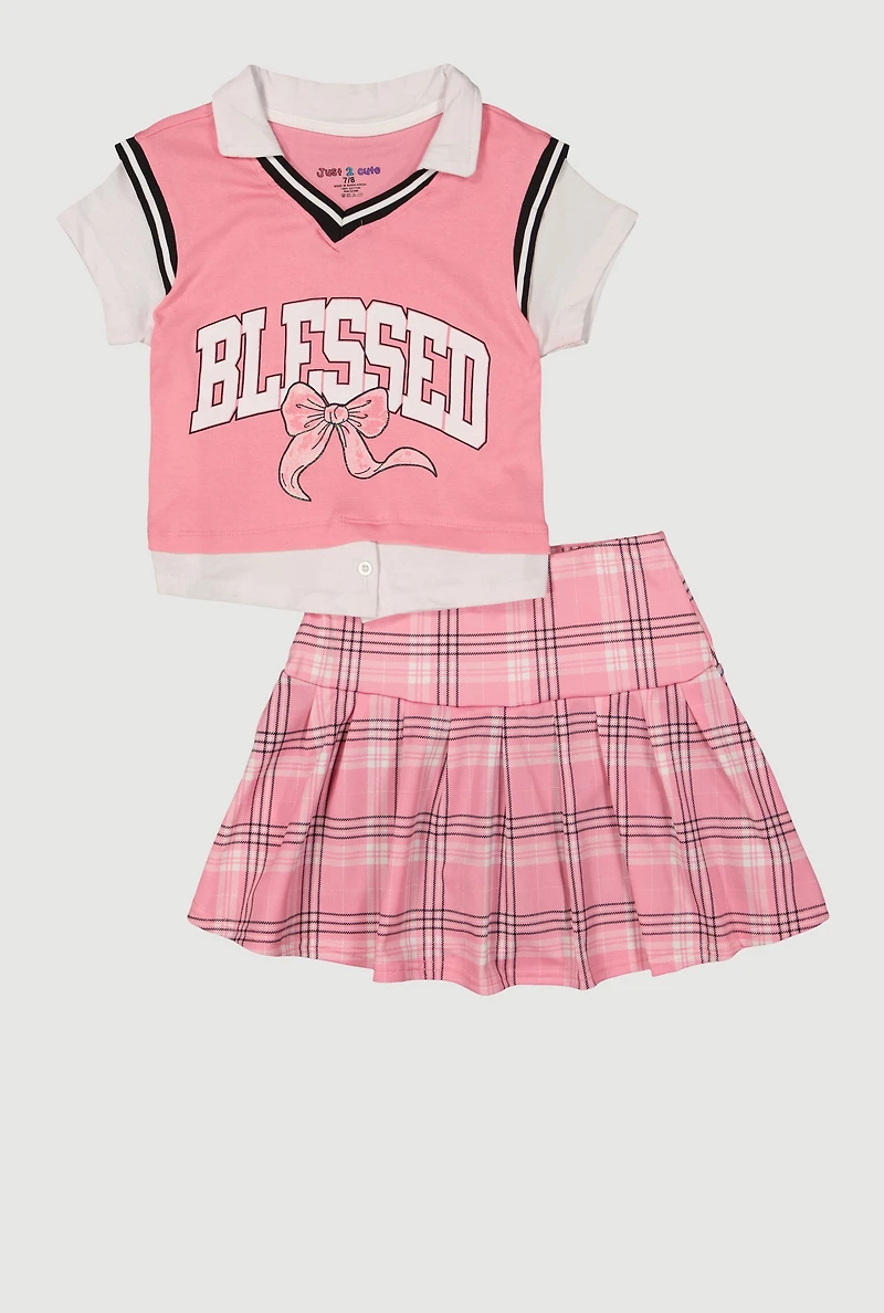 Girls Blessed Layered Look Vest and Plaid Skirt