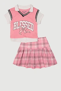 Girls Blessed Layered Look Vest and Plaid Skirt