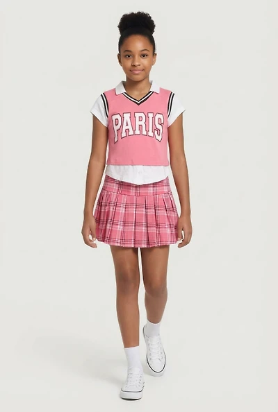 Girls Paris Layered Look Vest and Plaid Skirt