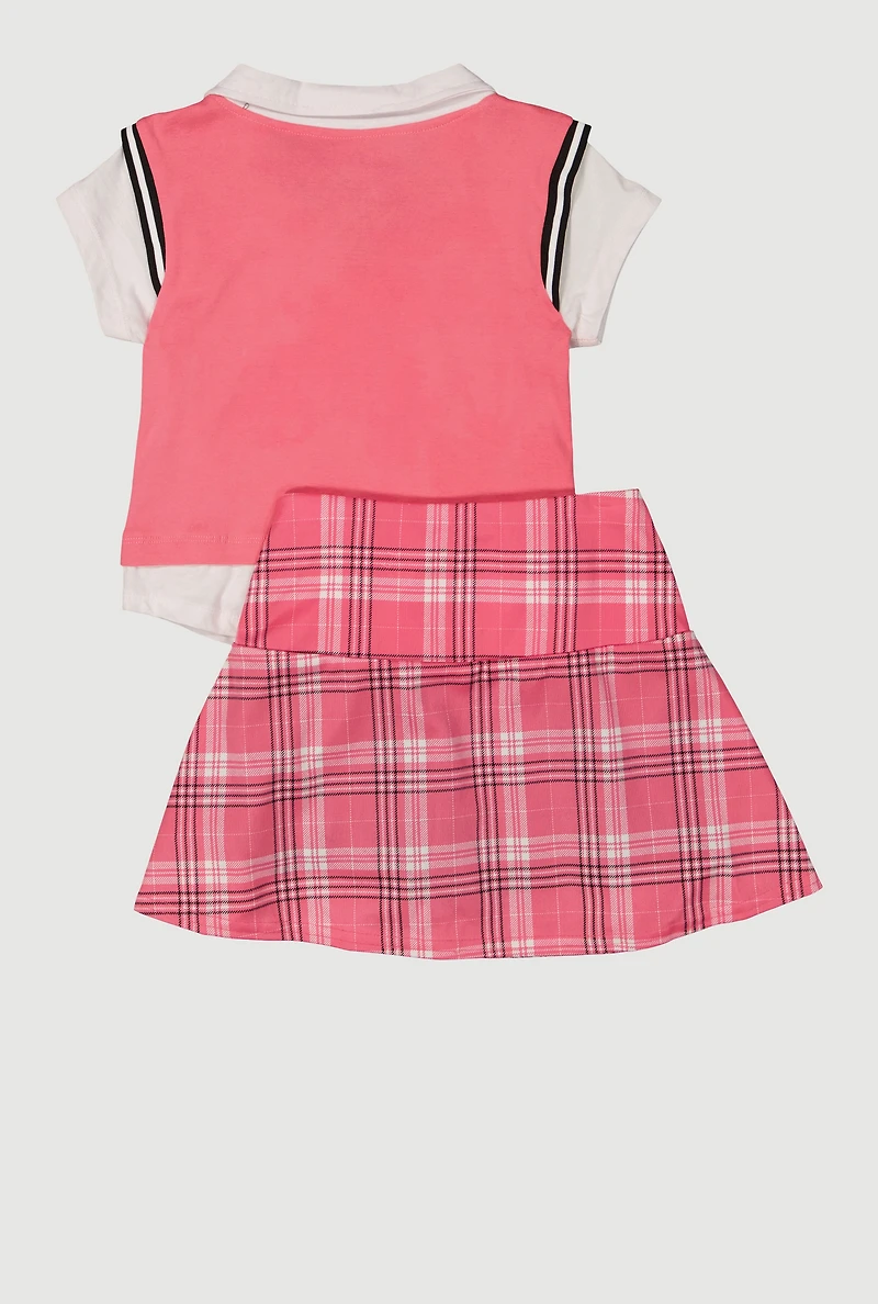 Girls Paris Layered Look Vest and Plaid Skirt
