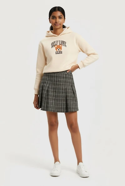 Girls Self Love Club Graphic Hoodie and Plaid Pleated Skort