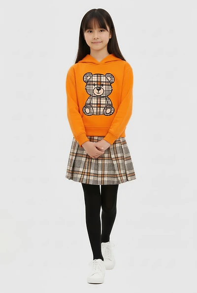 Girls Plaid Bear Graphic Hooded Sweatshirt and Pleated Skirt Set, Orange, Size 7-8