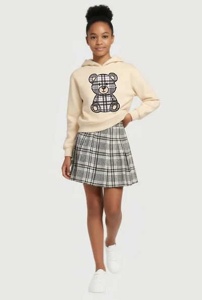 Girls Plaid Bear Graphic Hooded Sweatshirt and Pleated Skirt Set