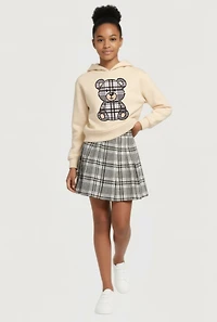 Girls Plaid Bear Graphic Hooded Sweatshirt and Pleated Skirt Set