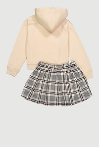 Girls Plaid Bear Graphic Hooded Sweatshirt and Pleated Skirt Set