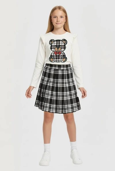 Girls Plaid Teddy Graphic Tee and Pleated Skort