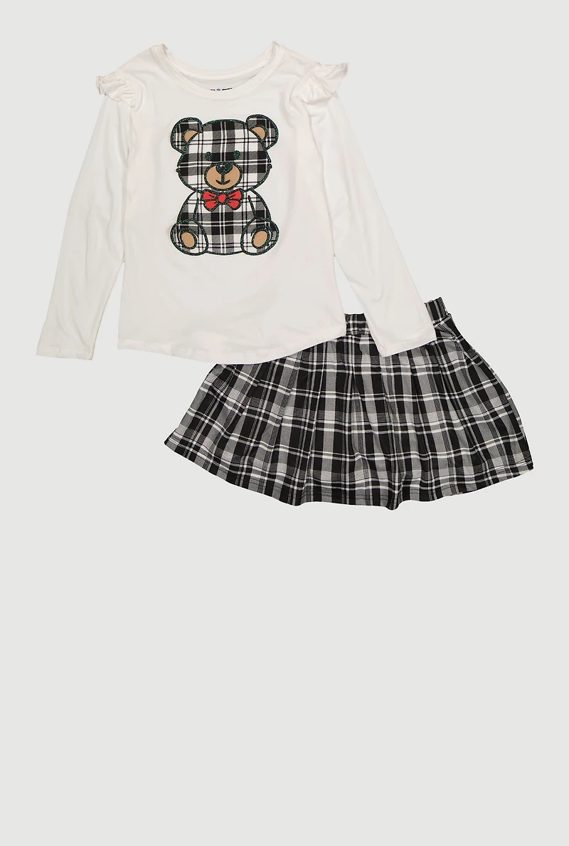 Girls Plaid Teddy Graphic Tee and Pleated Skort