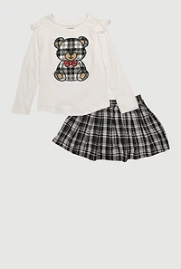 Girls Plaid Teddy Graphic Tee and Pleated Skort