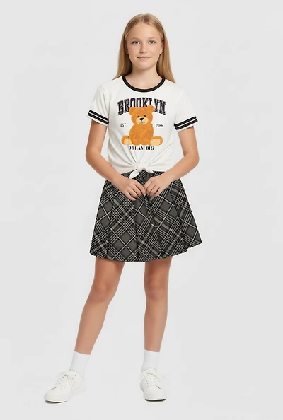 Girls Brooklyn Bear Graphic Tee and Plaid Pleated Skirt