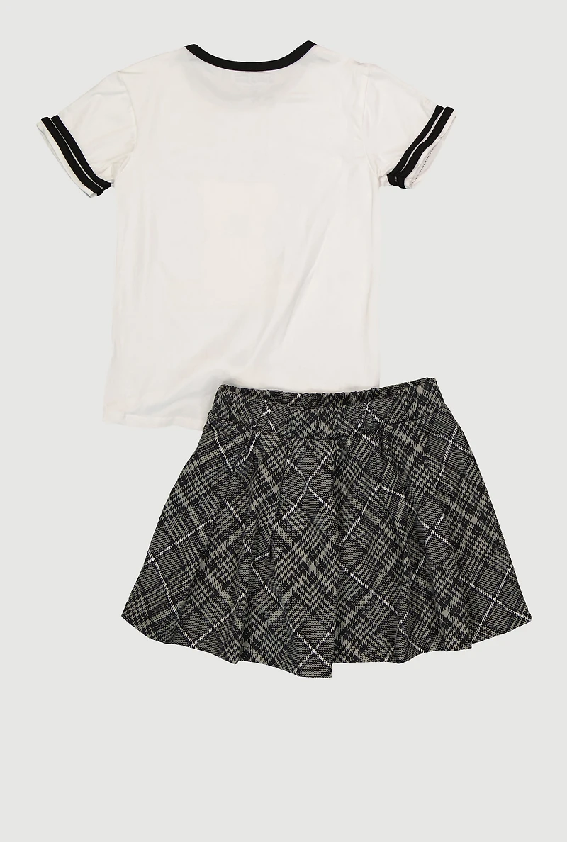 Girls Brooklyn Bear Graphic Tee and Plaid Pleated Skirt, Multi, Size 10-12