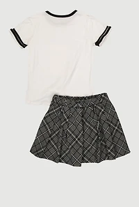 Girls Brooklyn Bear Graphic Tee and Plaid Pleated Skirt, Multi, Size 10-12