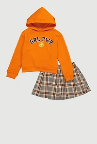 Girls Grl Pwr Graphic Hoodie and Plaid Pleated Skort