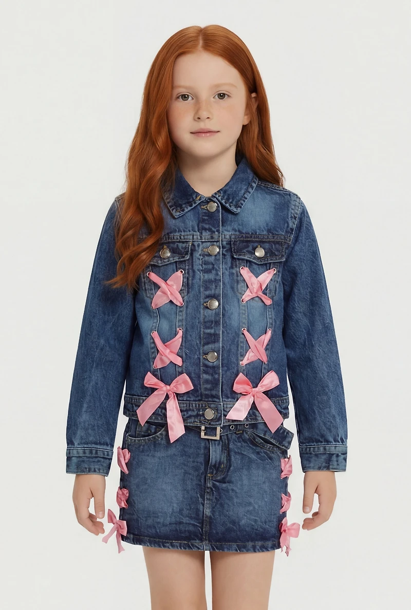 Little Girls Satin Bow Lace Up Detail Denim Jacket